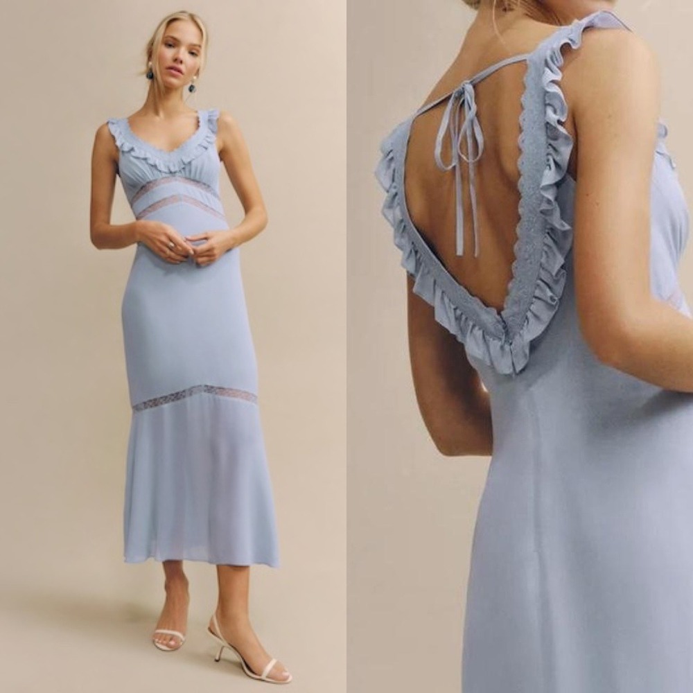 Reformation | Purdie Lace-Trim Flutter Strap Midi‎ Dress in Mineral Blue